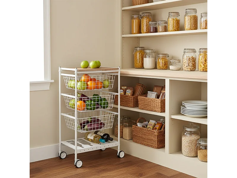 Carrello da cucina KARINA, 3 grandi cesti estraibili e portabottiglie, bianco-faggio