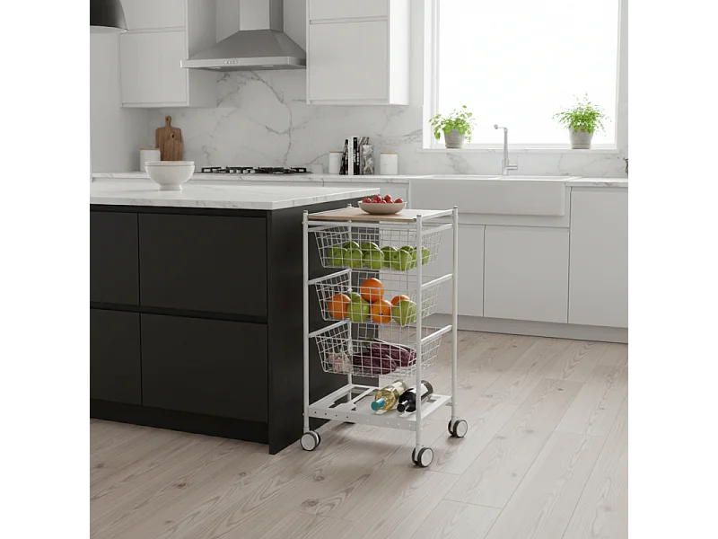 Carrello da cucina KARINA, 3 grandi cesti estraibili e portabottiglie, bianco-faggio