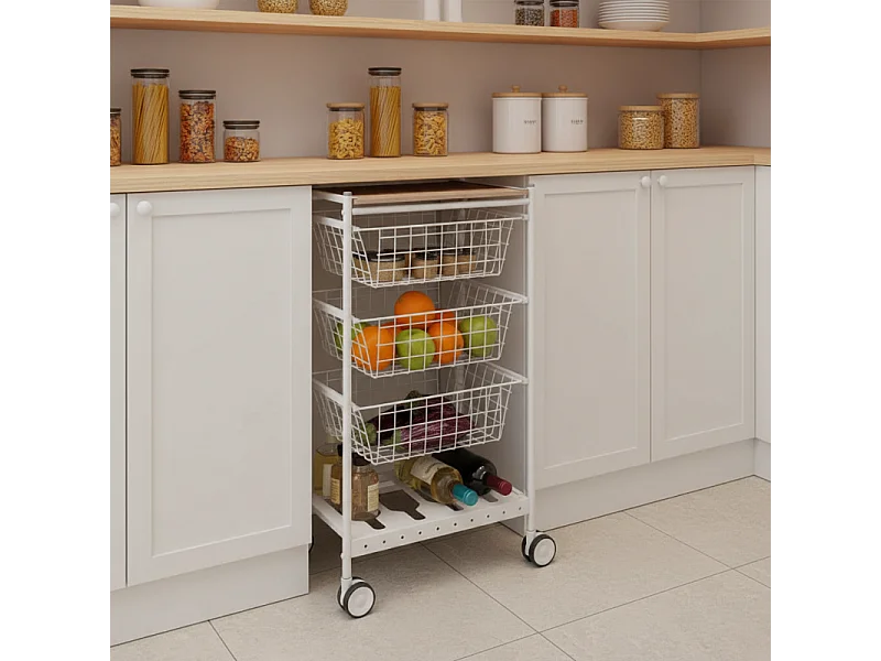 Carrello da cucina KARINA, 3 grandi cesti estraibili e portabottiglie, bianco-faggio