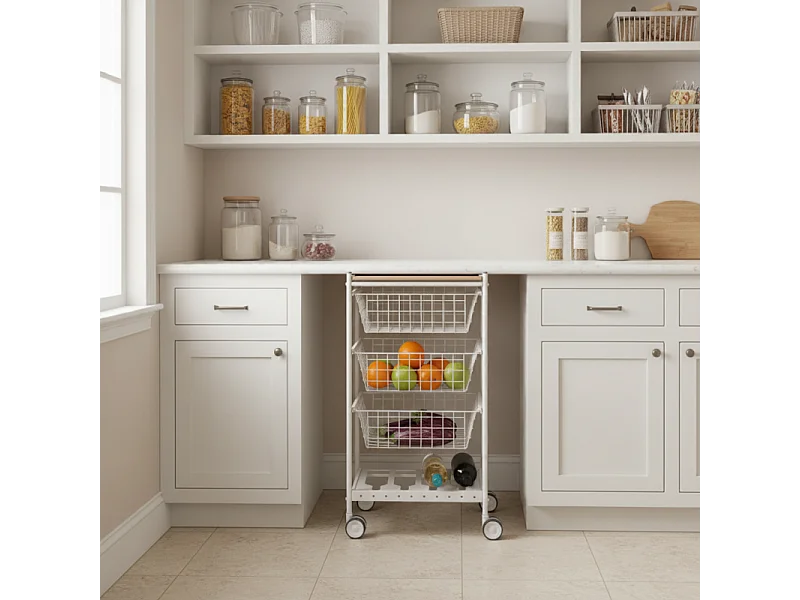 Carrello da cucina KARINA, 3 grandi cesti estraibili e portabottiglie, bianco-faggio