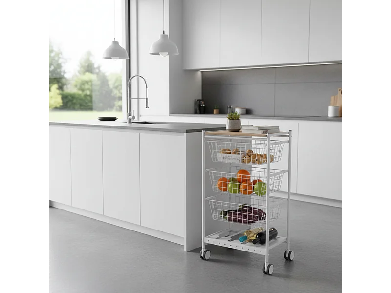 Carrello da cucina KARINA, 3 grandi cesti estraibili e portabottiglie, bianco-faggio