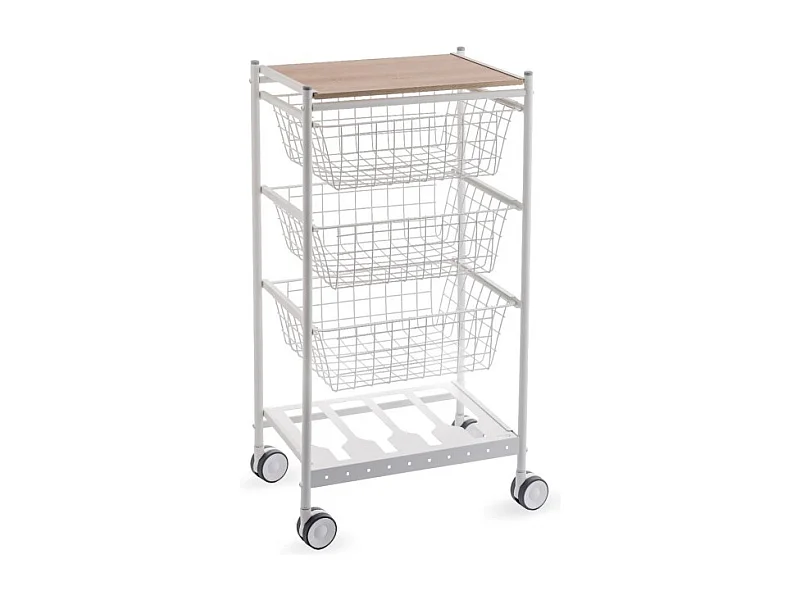 Desserte de cuisine KARINA - 3 grands paniers coulissants et porte-bouteilles, métal blanc et plateau décor bois hêtre