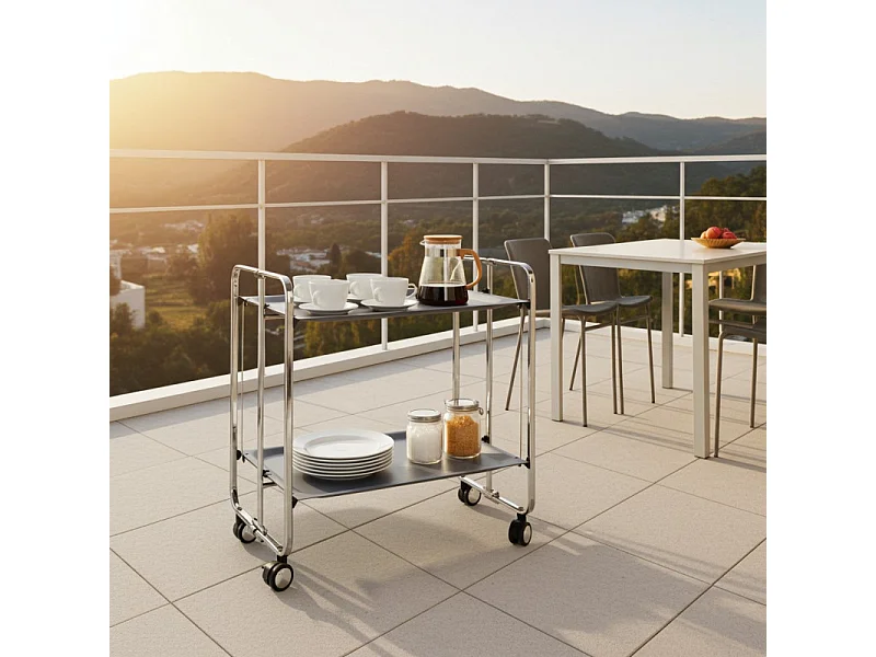 Klappbarer Servierwagen BAUHAUS mit Rollen – Metallgestell verchromt, 2 Ebenen, 4 Positionen