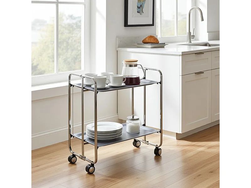 Desserte pliante BAUHAUS avec roulettes – Structure chromée, 2 niveaux, 4 positions