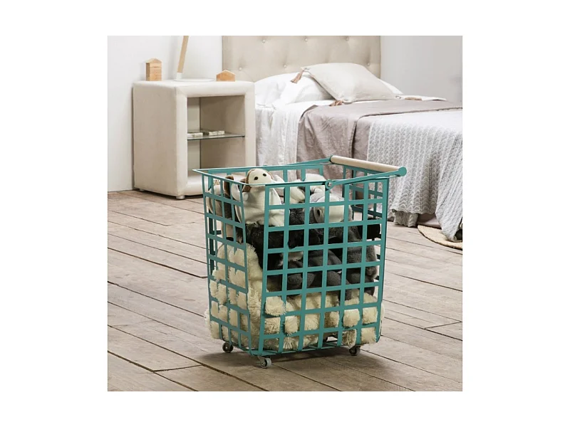 Panier de rangement décoratif en métal, avec roues et poignée en bois, grand modèle, ZESTA