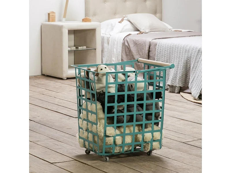 Panier de rangement décoratif en métal, avec roues et poignée en bois, grand modèle, ZESTA