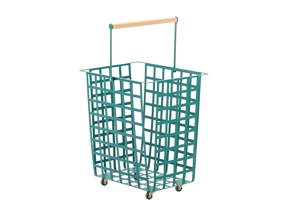 Panier de rangement décoratif en métal, avec roues et poignée en bois, grand modèle, ZESTA