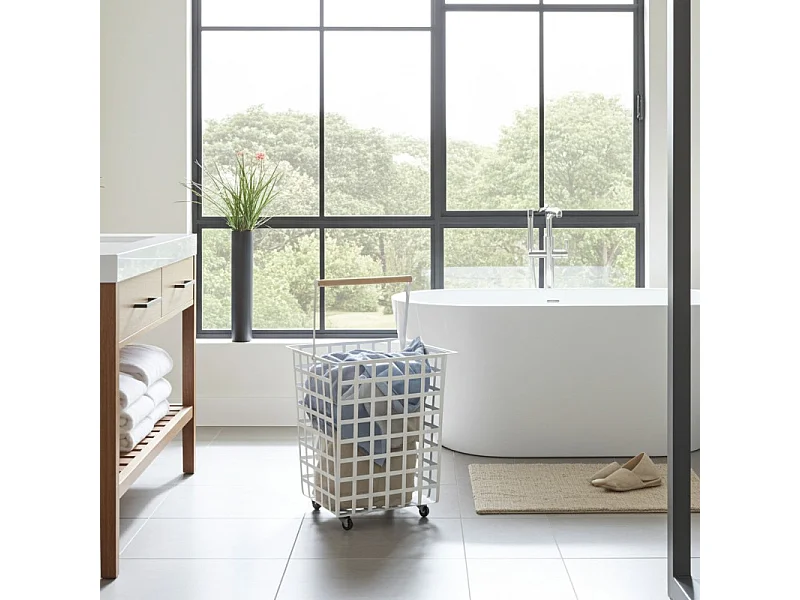 Dekorativer Aufbewahrungskorb aus Metall, mit Rädern und Holzgriff, große Größe, ZESTA