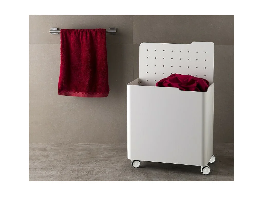 Cesto porta biancheria LUCCA con ruote – 60 L, 2 scomparti, chiusura soft, struttura metallica bianca