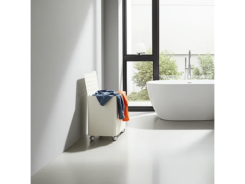 Cesto porta biancheria LUCCA con ruote – 60 L, 2 scomparti, chiusura soft, struttura metallica bianca