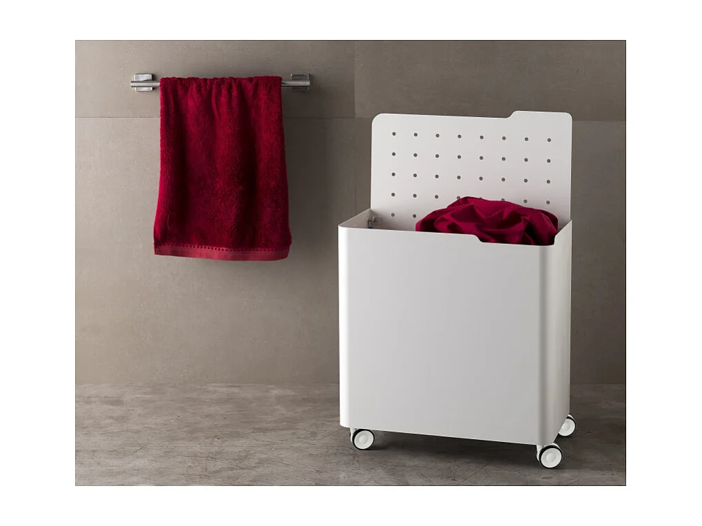 Cesto porta biancheria LUCCA con ruote – 60 L, 2 scomparti, chiusura soft, struttura metallica bianca