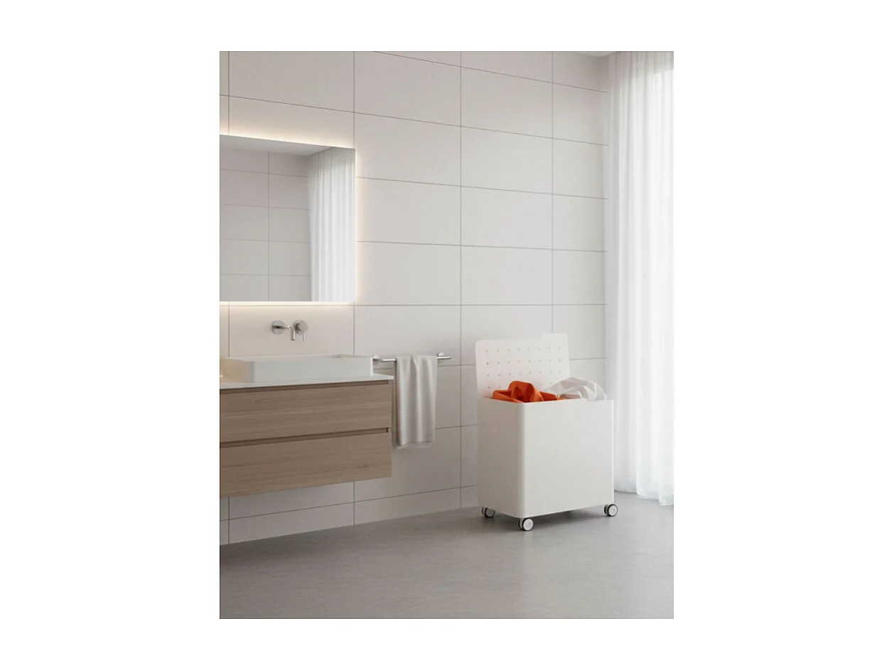 Cesto porta biancheria LUCCA con ruote – 60 L, 2 scomparti, chiusura soft, struttura metallica bianca