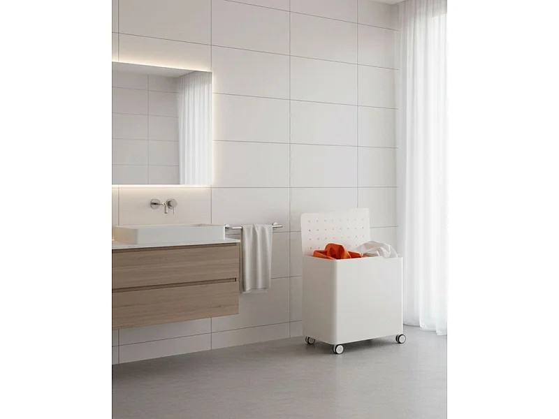 DON HIERRO - Cesto de ropa con ruedas LUCCA, 60L, 2 compartimentos, cierre suave, estructura metálica blanca-