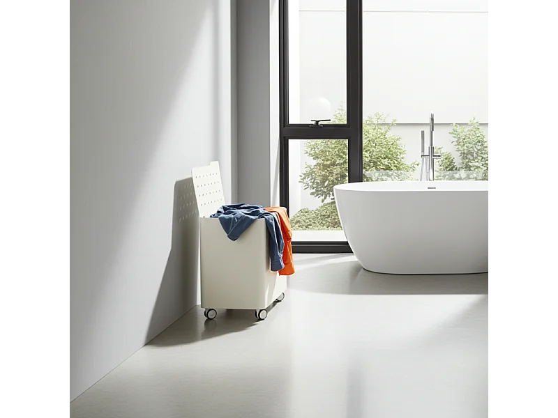 Cesto porta biancheria LUCCA con ruote – 60 L, 2 scomparti, chiusura soft, struttura metallica bianca