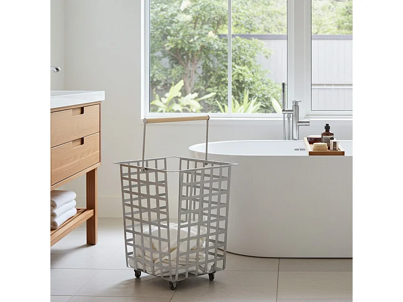 Panier de rangement décoratif en métal, avec roues et poignée en bois, grand modèle, ZESTA