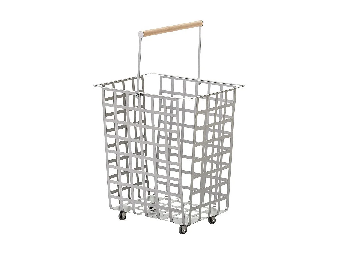 Panier de rangement décoratif en métal, avec roues et poignée en bois, grand modèle, ZESTA