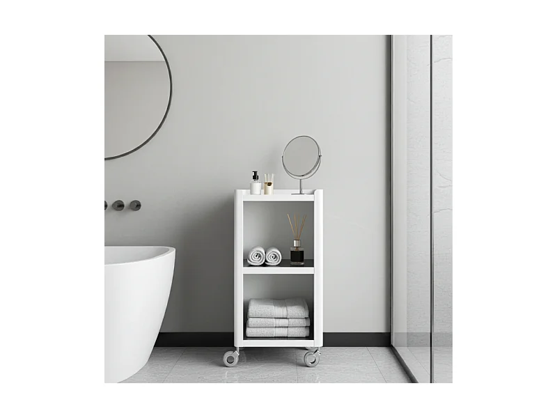 Meuble rangement salle de bain, cuisine, bureau.Desserte à roulettes. Style Scandinave, 42 x 31 x 82 cm., blanc-inox, LOUISE