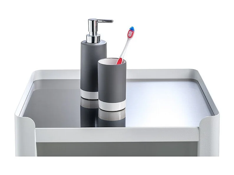 Meuble rangement salle de bain, cuisine, bureau.Desserte à roulettes. Style Scandinave, 42 x 31 x 82 cm., blanc-inox, LOUISE