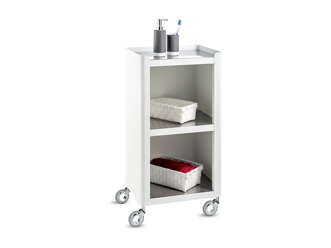 Meuble rangement salle de bain, cuisine, bureau.Desserte à roulettes. Style Scandinave, 42 x 31 x 82 cm., blanc-inox, LOUISE
