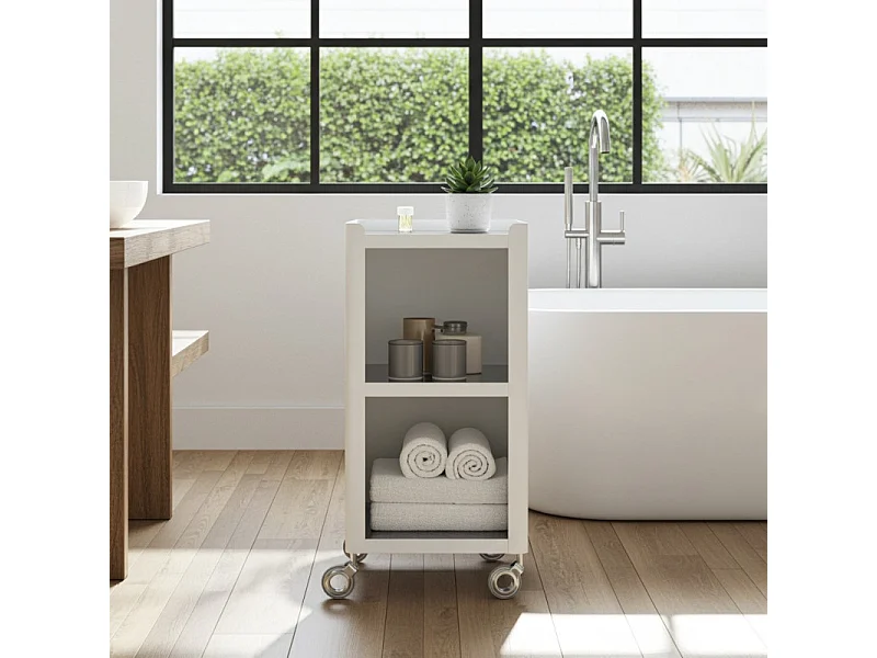 Meuble rangement salle de bain, cuisine, bureau.Desserte à roulettes. Style Scandinave, 42 x 31 x 82 cm., blanc-inox, LOUISE