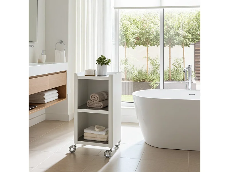 Meuble rangement salle de bain, cuisine, bureau.Desserte à roulettes. Style Scandinave, 42 x 31 x 82 cm., blanc-inox, LOUISE