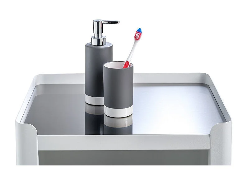 Meuble rangement salle de bain, cuisine, bureau.Desserte à roulettes. Style Scandinave, 42 x 31 x 82 cm., blanc-inox, LOUISE