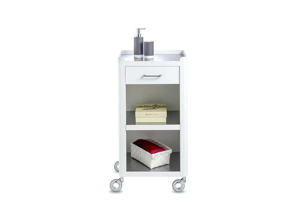 Meuble rangement salle de bain, cuisine, bureau. Étagère avec tiroir. Style Scandinave, 42 x 31 x 82 cm., blanc-inox, THELMA