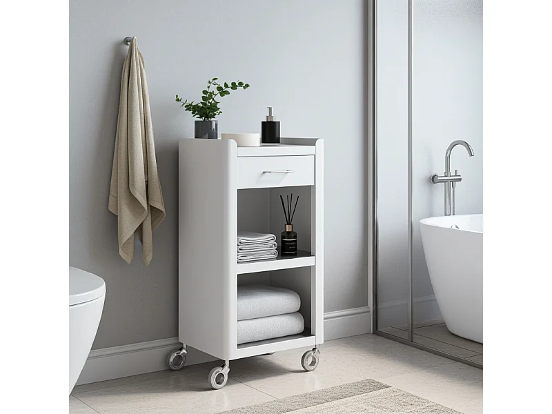 Meuble rangement salle de bain, cuisine, bureau. Étagère avec tiroir. Style Scandinave, 42 x 31 x 82 cm., blanc-inox, THELMA