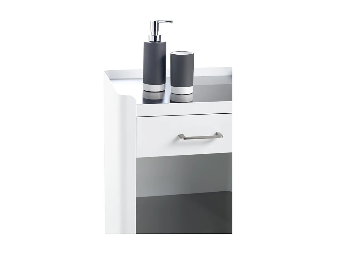 Meuble rangement salle de bain, cuisine, bureau. Étagère avec tiroir. Style Scandinave, 42 x 31 x 82 cm., blanc-inox, THELMA