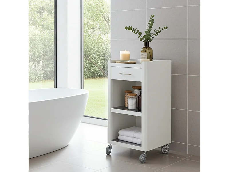 Meuble rangement salle de bain, cuisine, bureau. Étagère avec tiroir. Style Scandinave, 42 x 31 x 82 cm., blanc-inox, THELMA