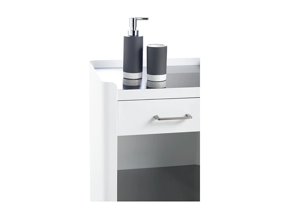 Meuble rangement salle de bain, cuisine, bureau. Étagère avec tiroir. Style Scandinave, 42 x 31 x 82 cm., blanc-inox, THELMA