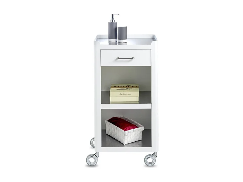 Meuble rangement salle de bain, cuisine, bureau. Étagère avec tiroir. Style Scandinave, 42 x 31 x 82 cm., blanc-inox, THELMA