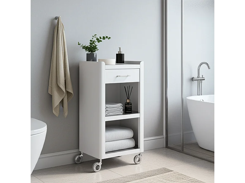 Badrollwagen Badezimmerwagen mit 3 geräumigen Ablagen und einer praktischen Schublade, Weiß - Edelstahl, THELMA