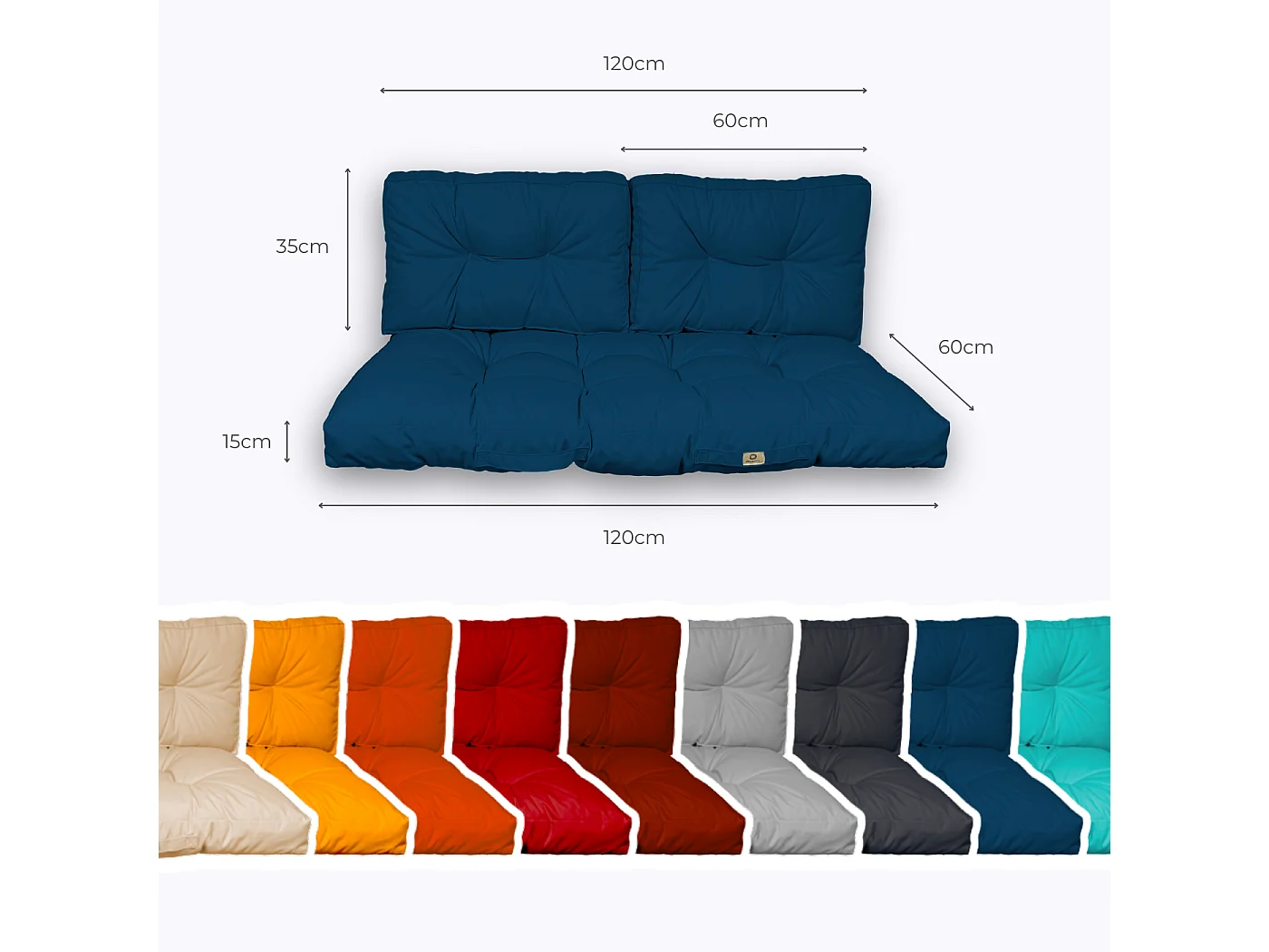 Coussins pour salon de jardin capitonné 120x60cm Bleu petrole