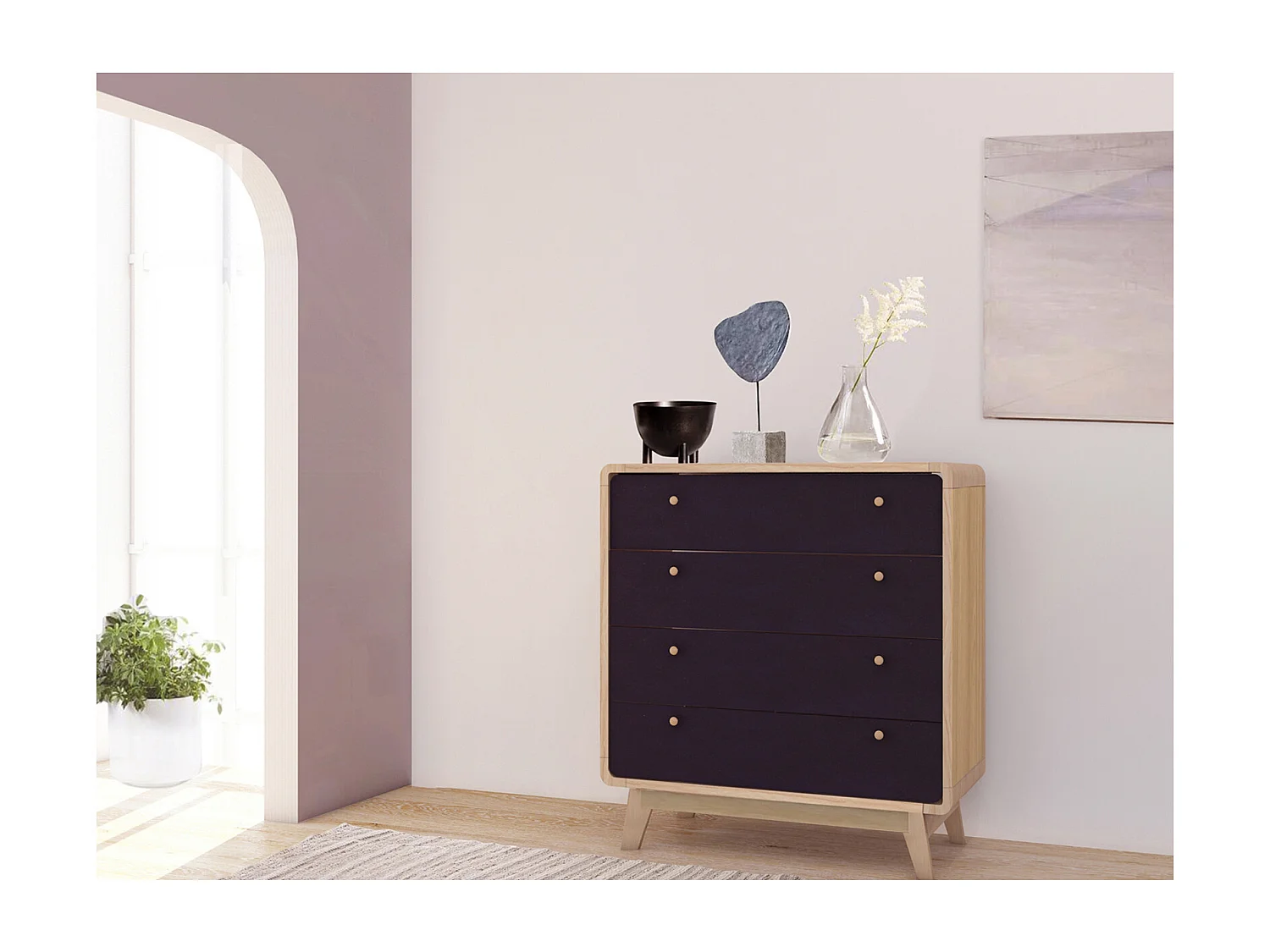 Cassie | Commode à 4 tiroirs en panneau de particules chêne et noir