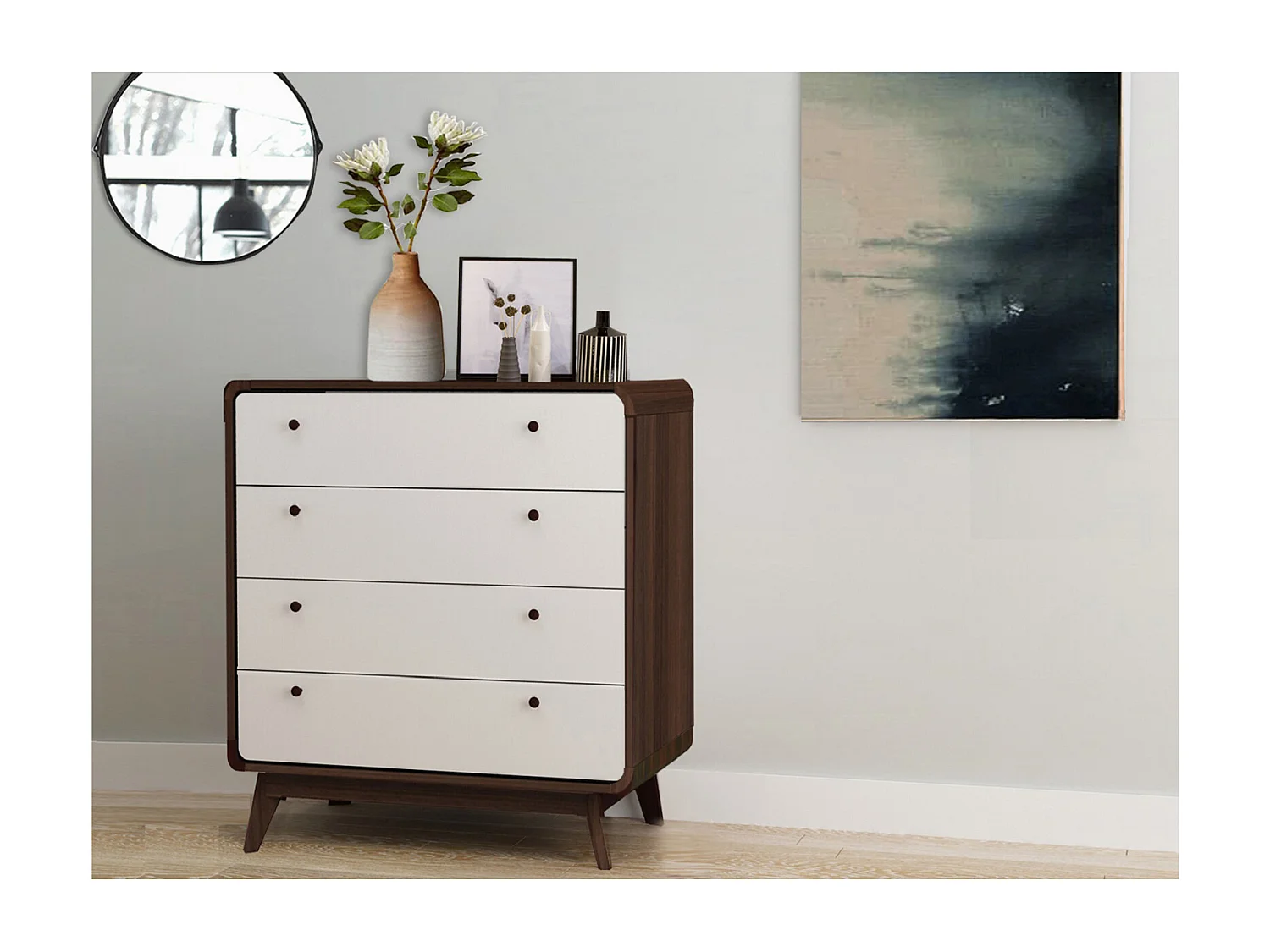 Cassie | Commode à 4 tiroirs en bois de noyer et blanc