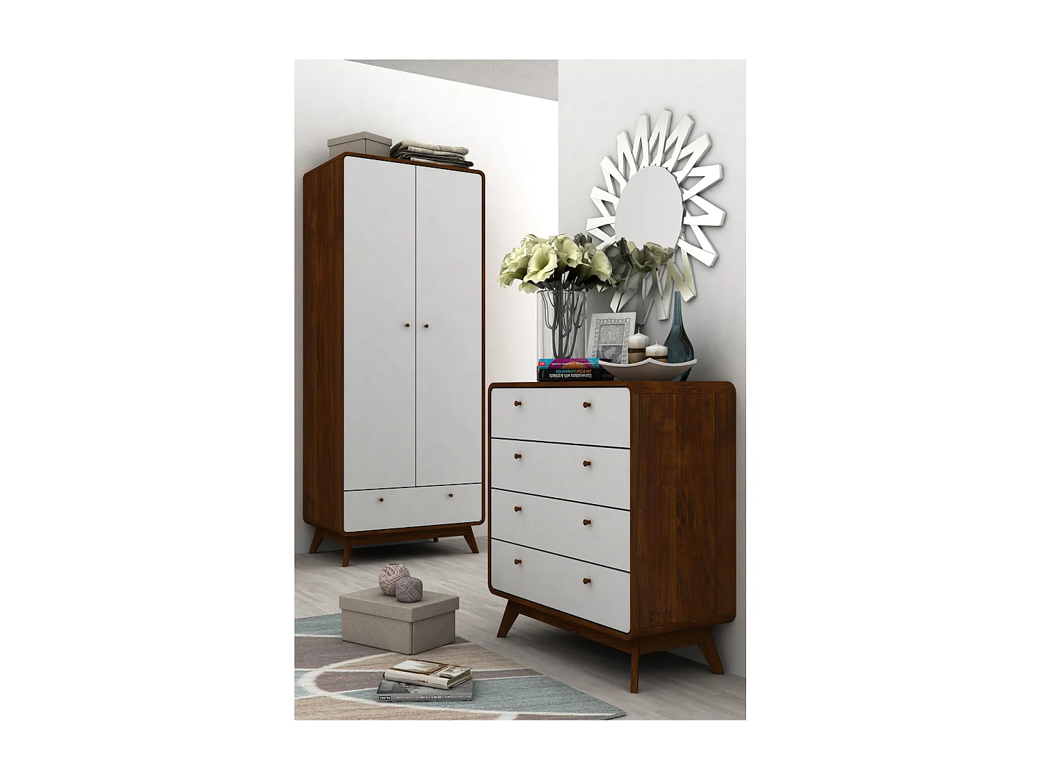 Cassie | Commode à 4 tiroirs en bois de noyer et blanc