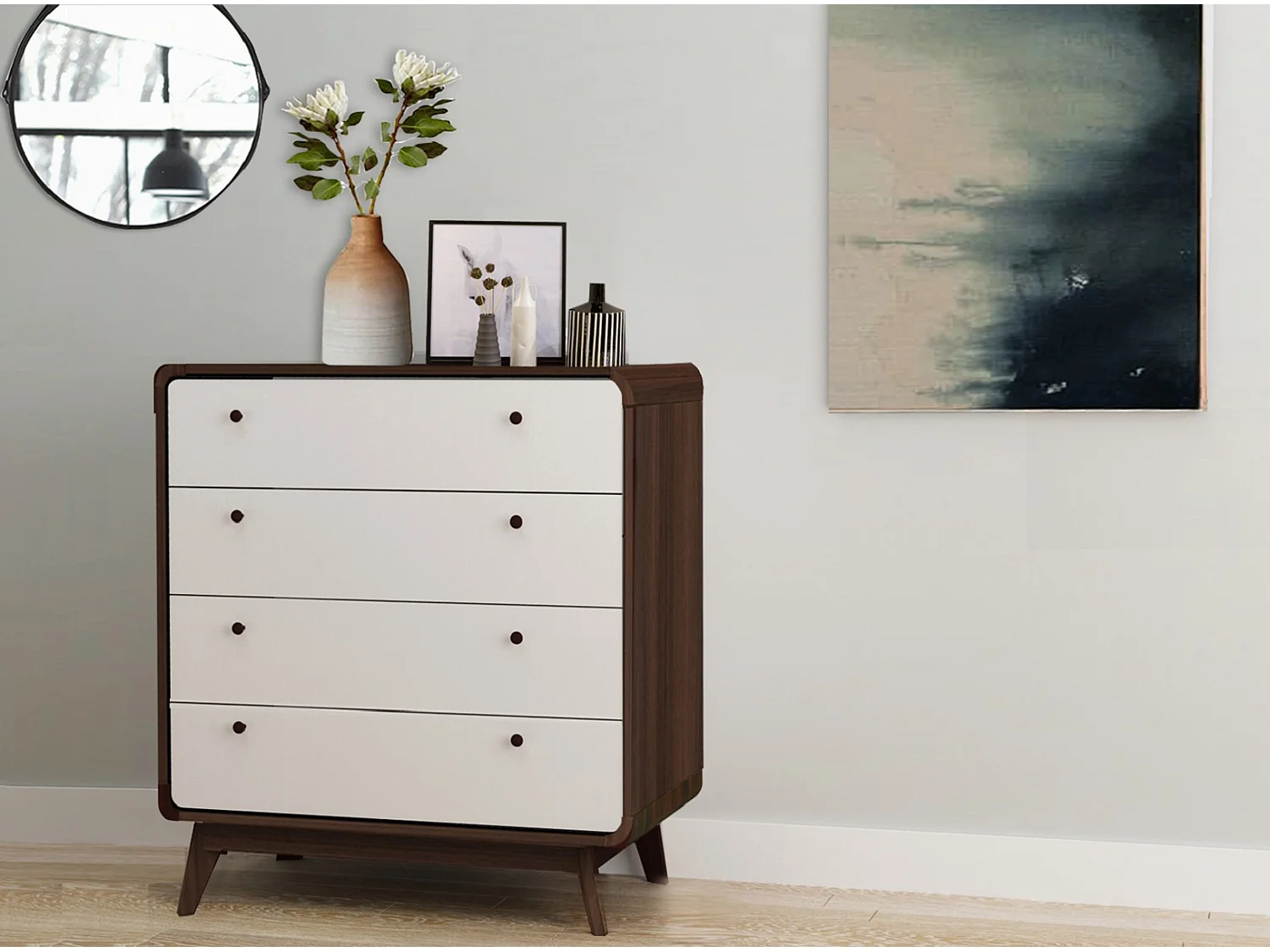 Cassie | Commode à 4 tiroirs en bois de noyer et blanc