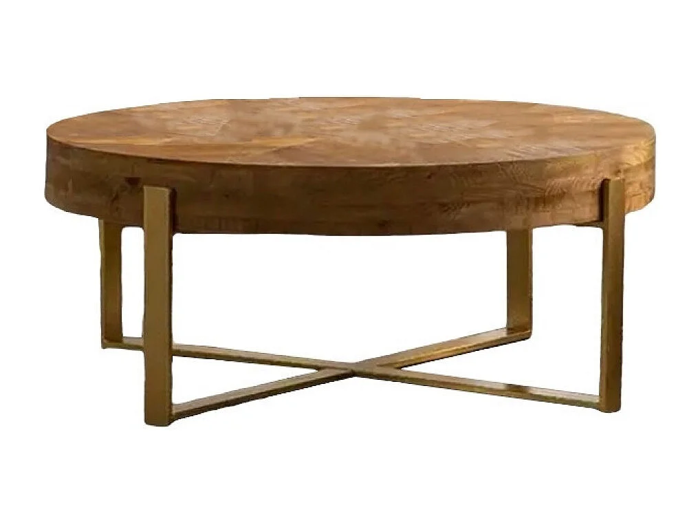 NEBRASKA - Table basse ronde en bois recyclé avec structure dorée