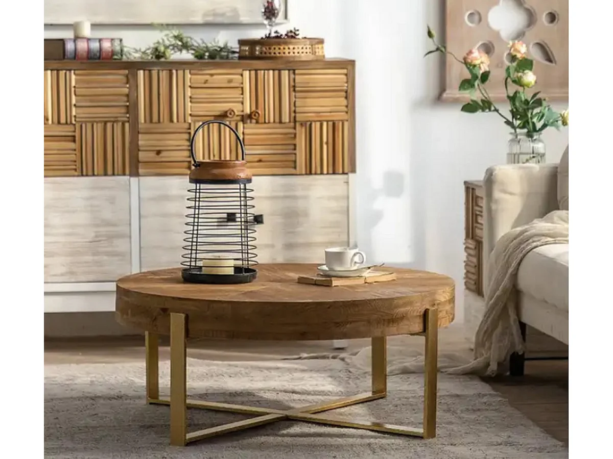 NEBRASKA - Table basse ronde en bois recyclé avec structure dorée