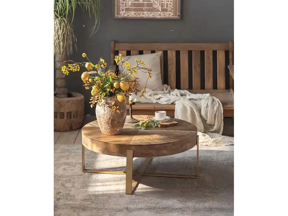 NEBRASKA - Table basse ronde en bois recyclé avec structure dorée