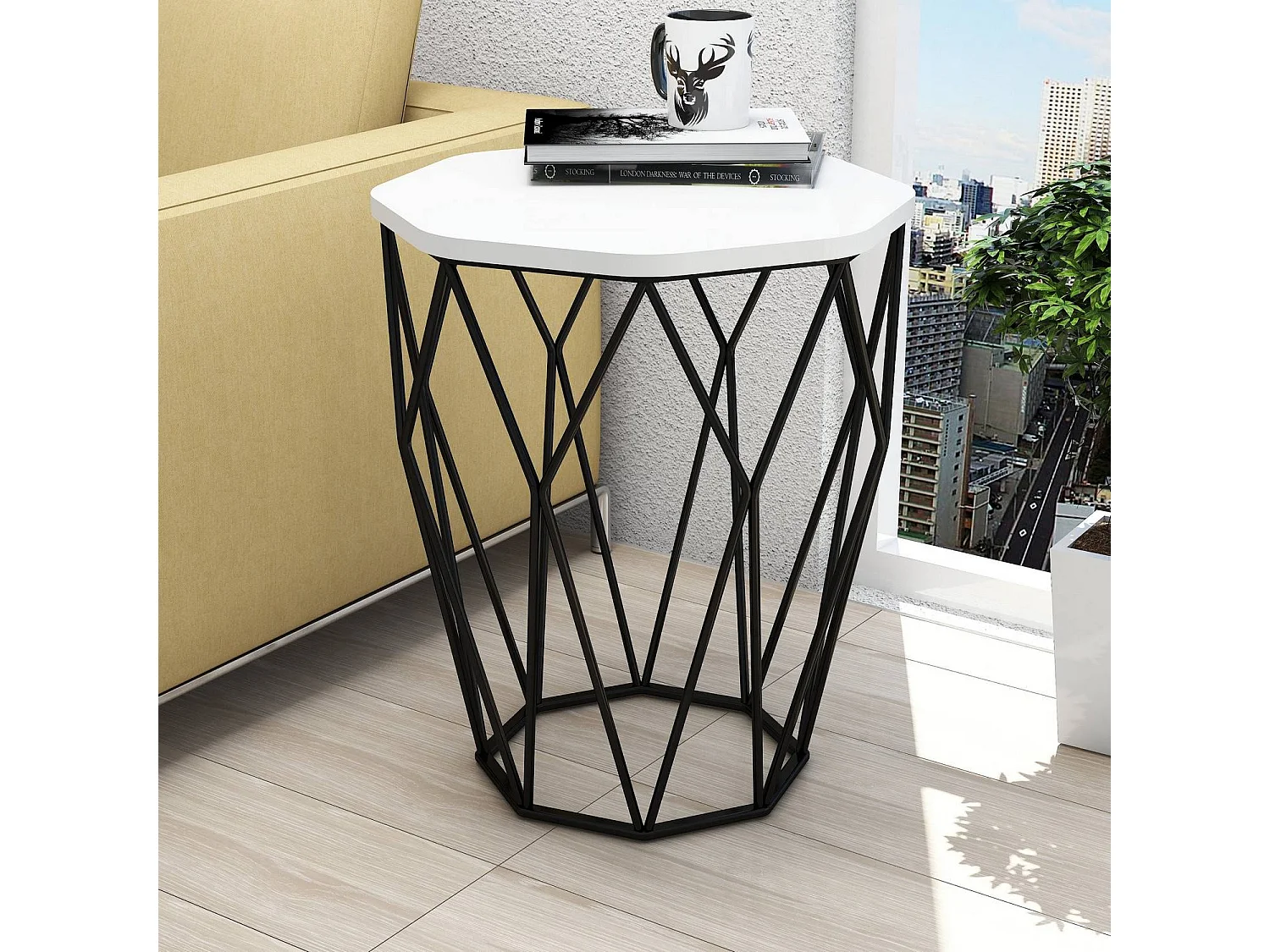 Table Heptagone Zachem Panneau Métal Noir et Bois Noir et Blanc