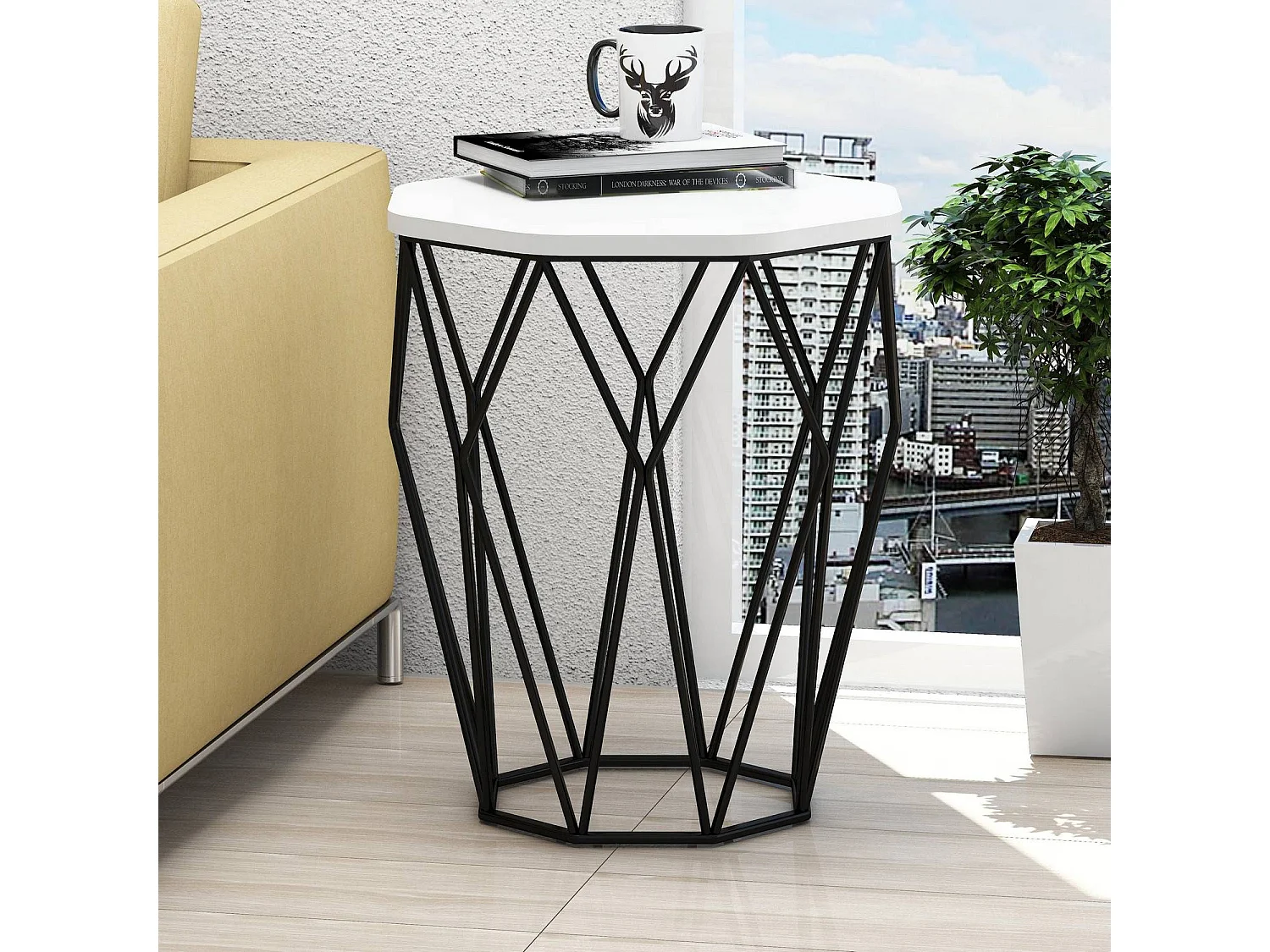 Table Heptagone Zachem Panneau Métal Noir et Bois Noir et Blanc