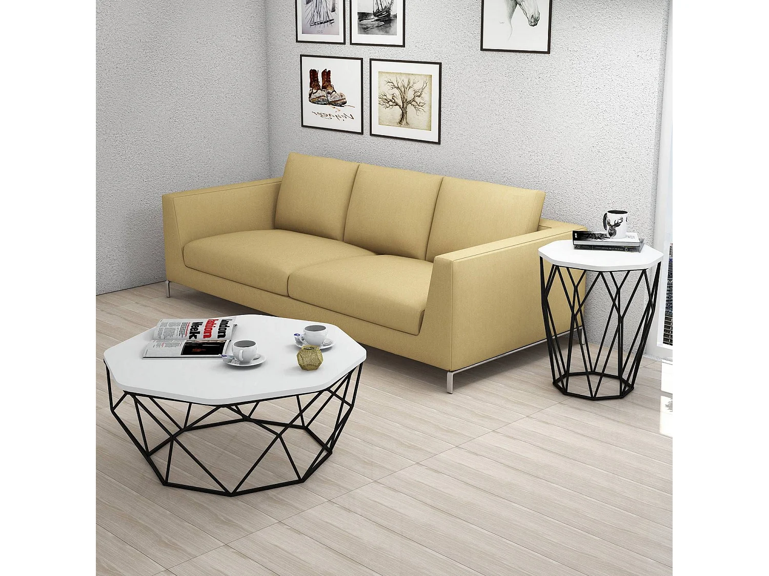 Table Heptagone Zachem Panneau Métal Noir et Bois Noir et Blanc