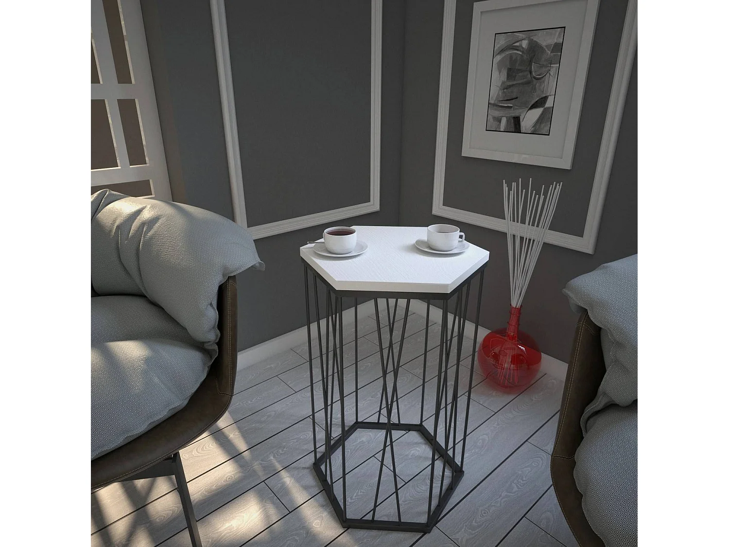 Table d'appoint hexagonale Supellex Bois Blanc texturé et Métal Noir