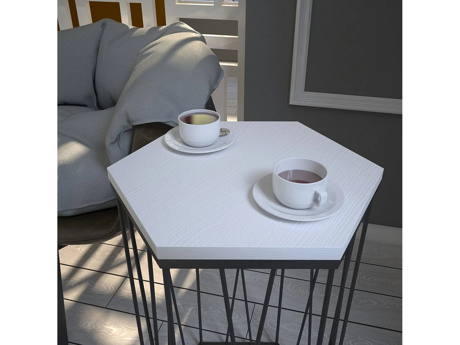 Table d'appoint hexagonale Supellex Bois Blanc texturé et Métal Noir