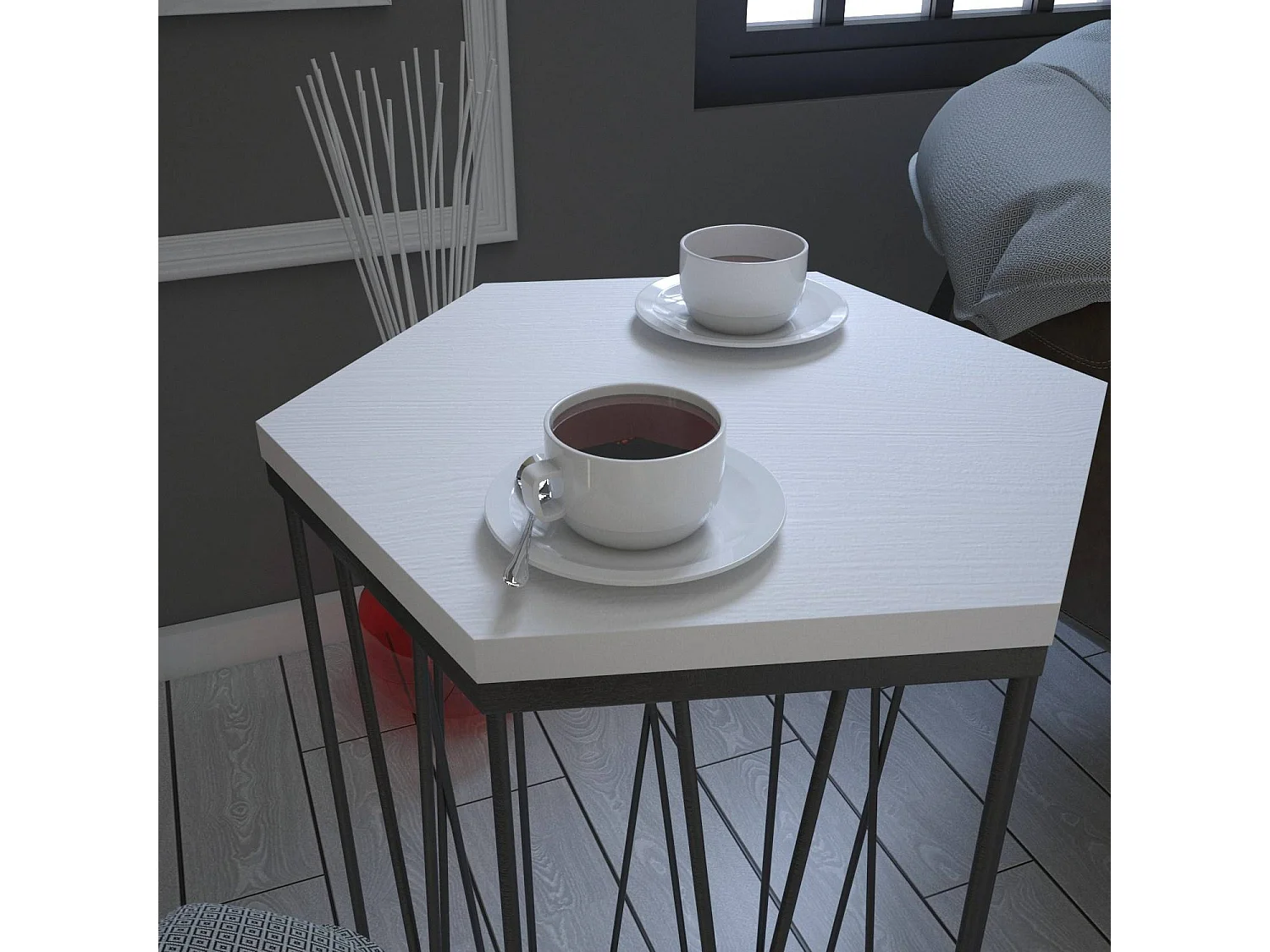 Table d'appoint hexagonale Supellex Bois Blanc texturé et Métal Noir