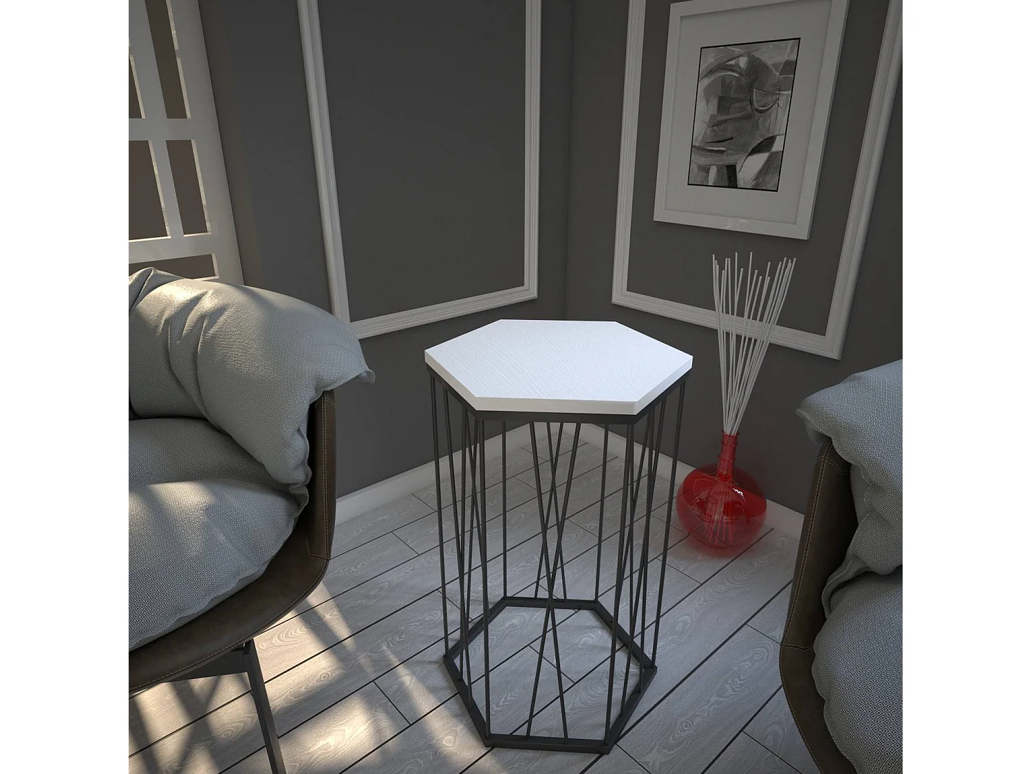 Table d'appoint hexagonale Supellex Bois Blanc texturé et Métal Noir