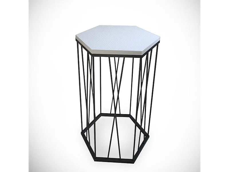 Table d'appoint hexagonale Supellex Bois Blanc texturé et Métal Noir
