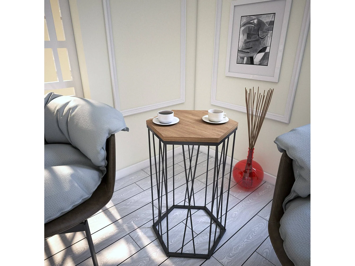 Table d'appoint hexagonale Supellex Bois Chêne foncé et Métal Noir